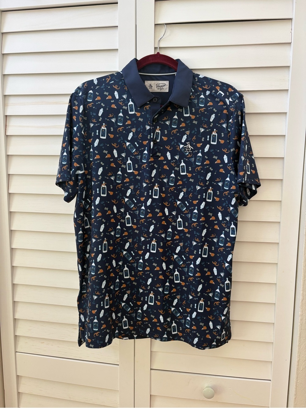 Original Penguin Bar Cart Cocktail Novelty Print Performance Golf Polo M